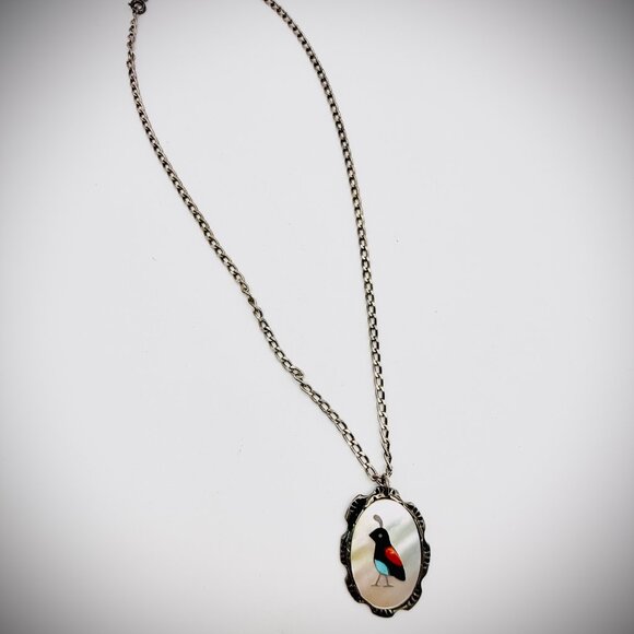 Sterling Zuni Inlay Quail Pendant Necklace MOP Turquoise Coral "RQ" - Picture 2 of 4